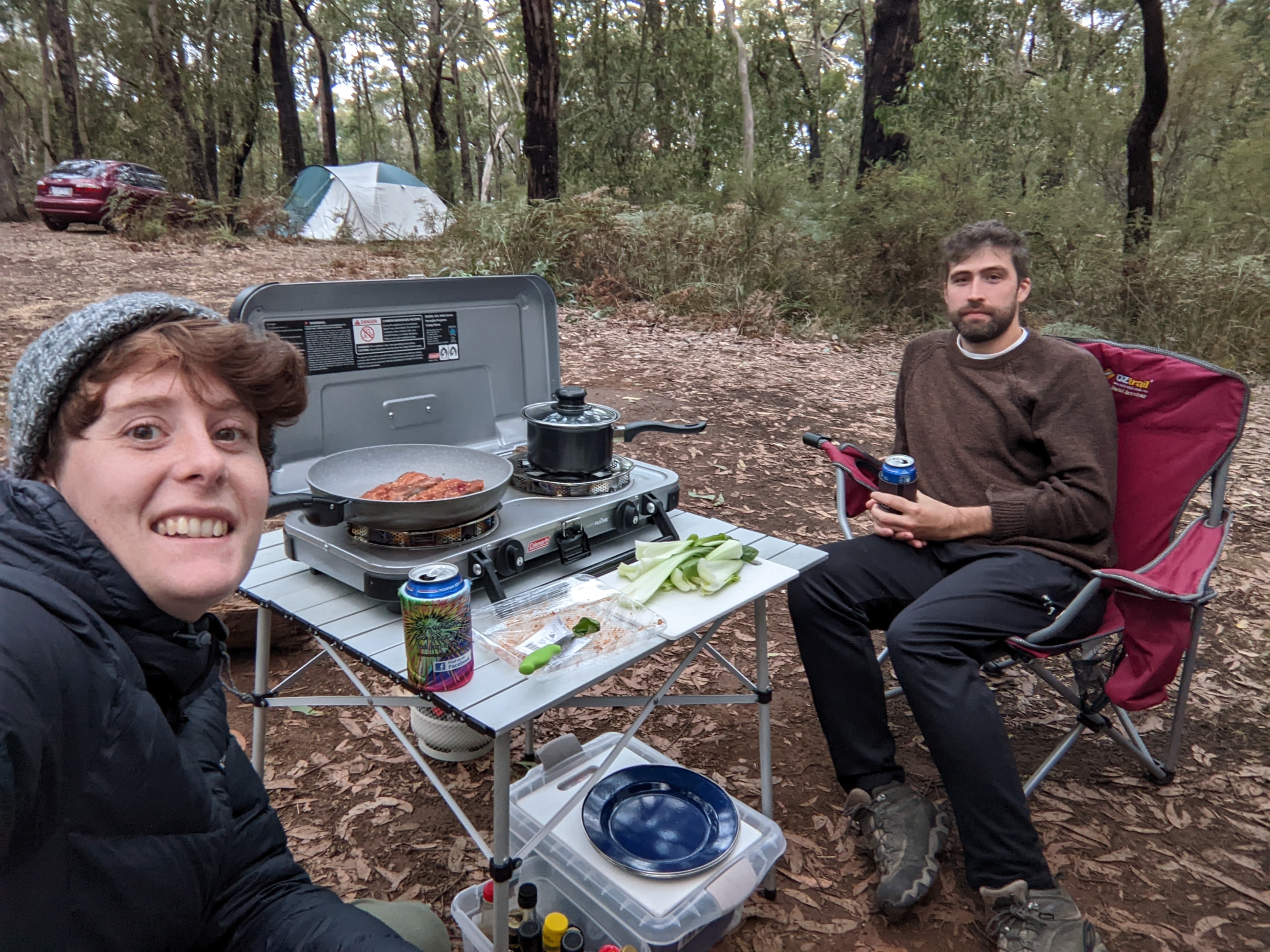 Selfie of cooking our dinner at a campsite